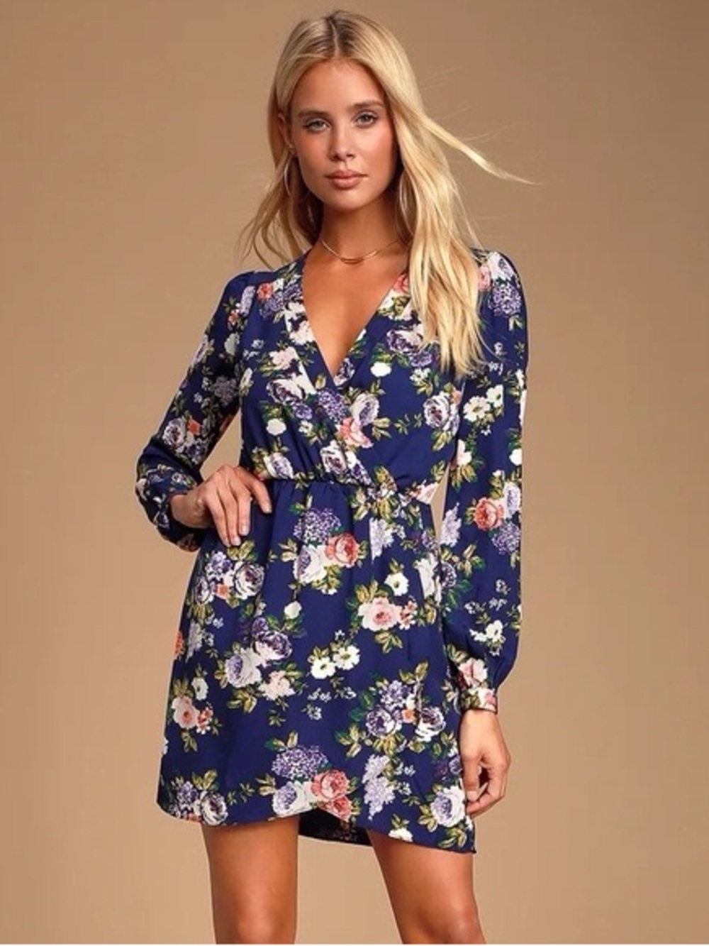 Lulu’s That's a Wrap Navy Blue Floral Print Dress Honey Punch Small